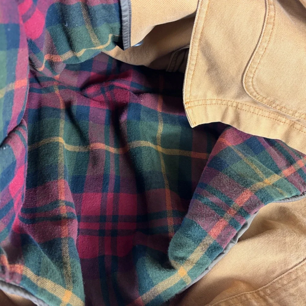 LL Bean Mens Original Field Coat Tan Canvas Primaloft Plaid Lined Jacket L Reg